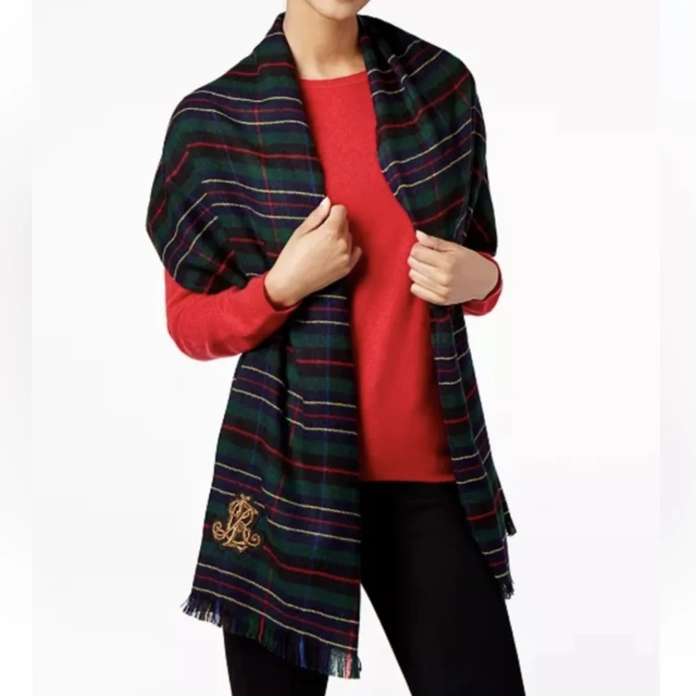 LRL Wrap Scarf Tartan Plaid Regal Crest Fringed Traditional Preppy Mina Blue Red